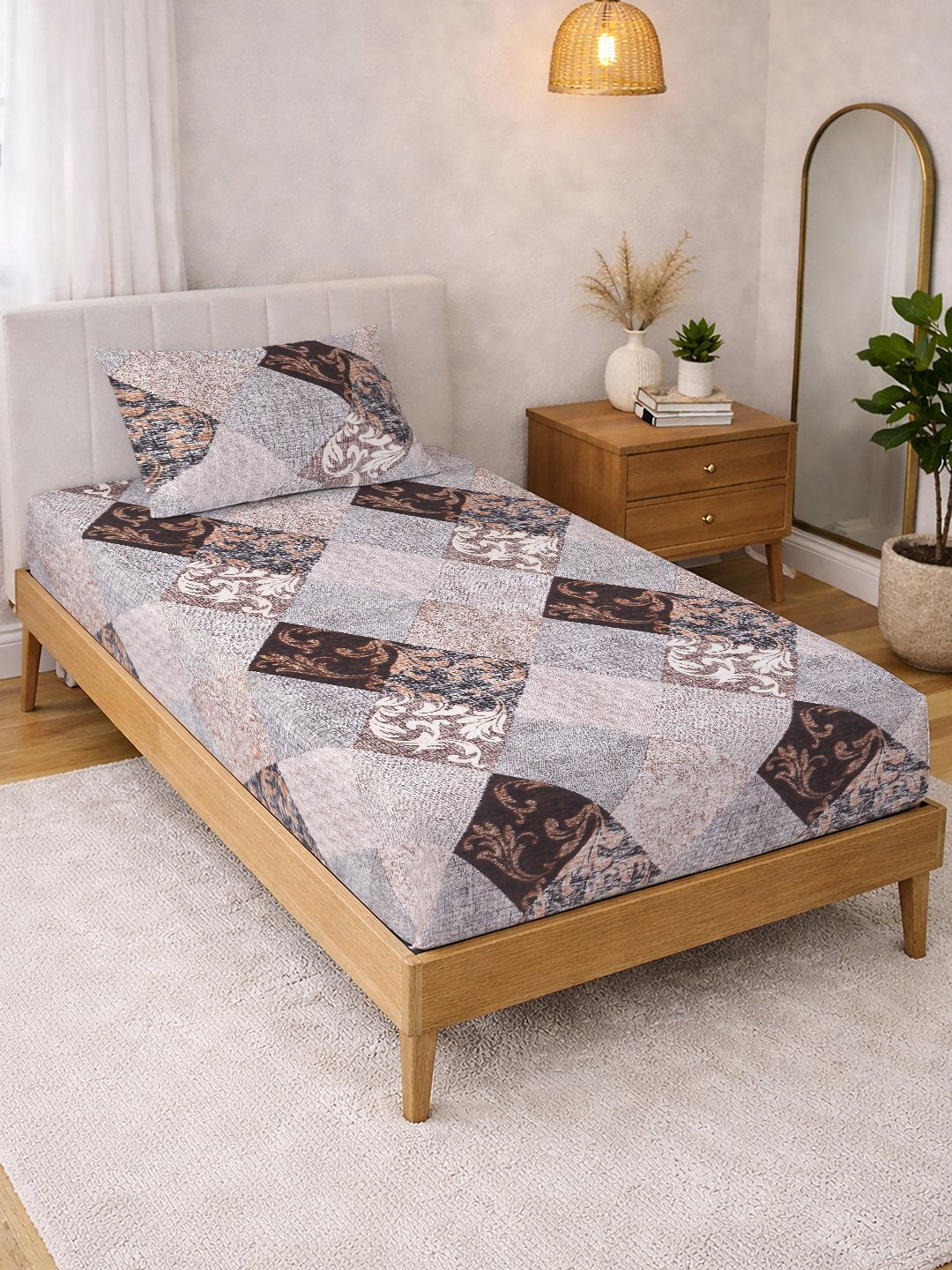 Brown Geometric Cotton Blend Single Bedsheet with Pillow Cover