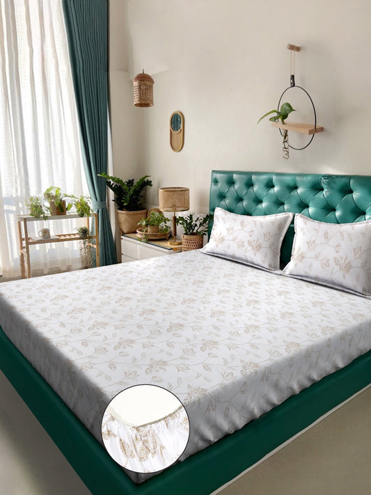 White Floral 400 TC Pure Cotton Super King Double Bedsheet with 2 Pillow Covers
