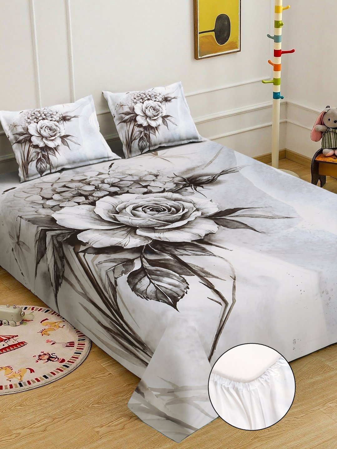 Grey Digital Floral Printed Cotton Blend Fitted Double Bedsheet with 2 Pillow Covers