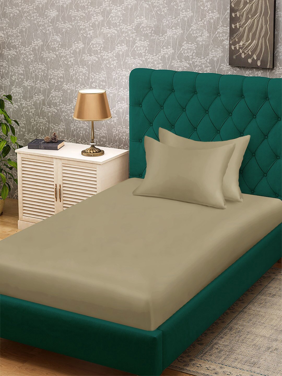 Beige Solid 300 TC Cotton Blend Single Bedsheet with 2 Pillow Covers