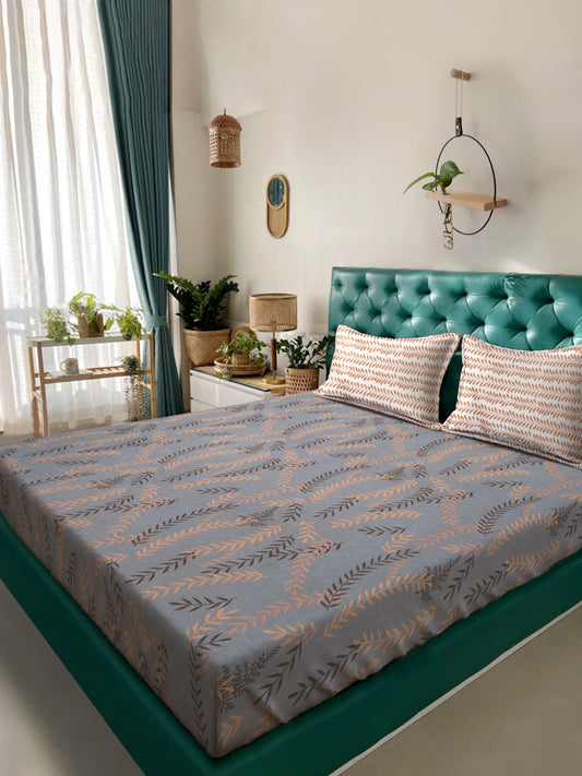 Grey Floral 300 TC Cotton Blend Double Bedsheet in Book Fold Packing