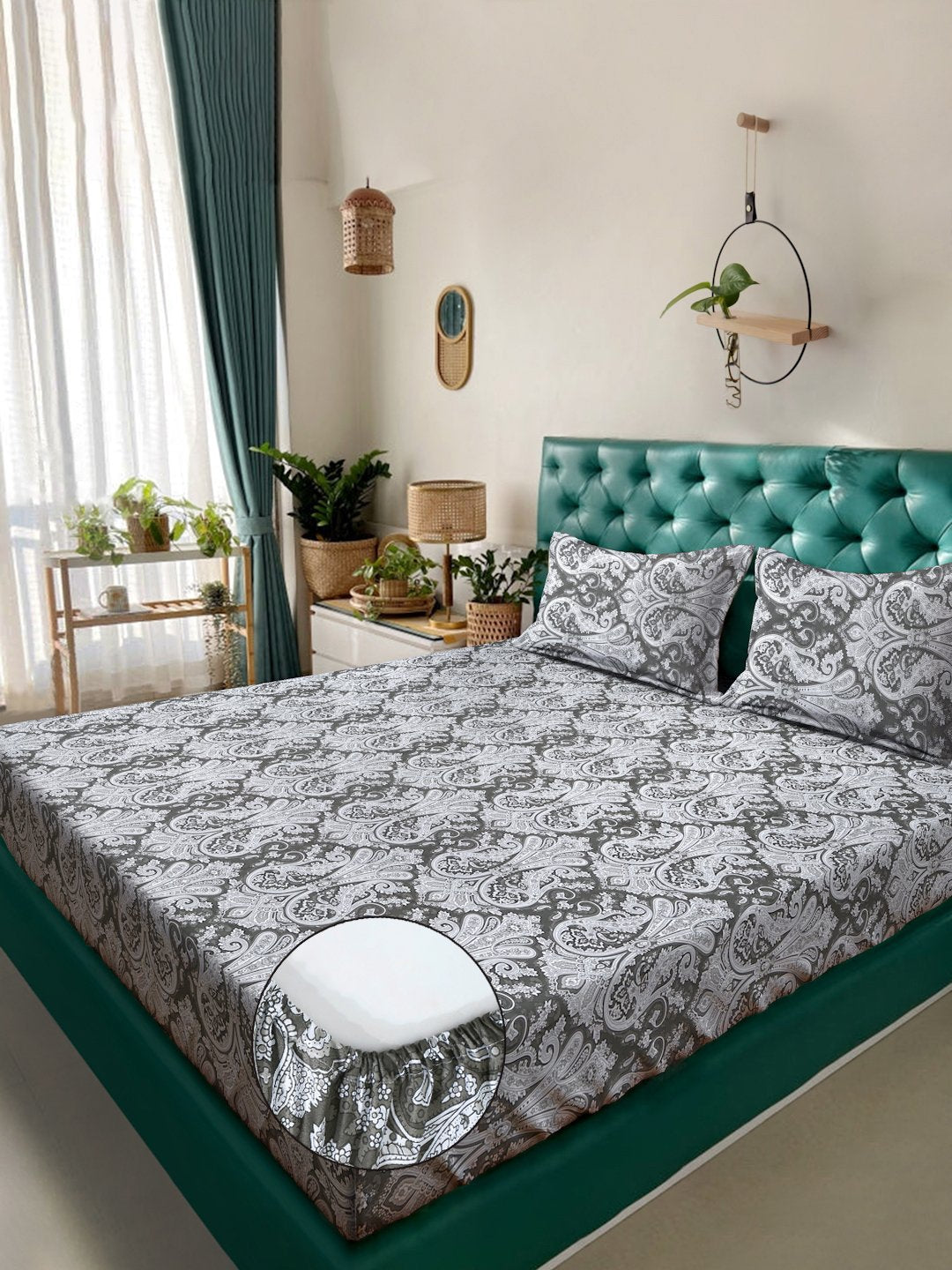 Olive Floral 400 TC Pure Cotton Fitted Double Bedsheet with 2 Pillow Covers