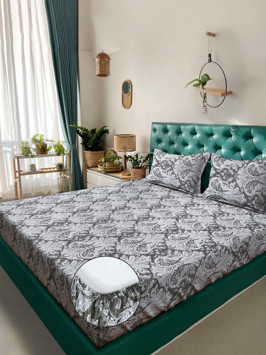 Olive Floral 400 TC Pure Cotton Fitted Double Bedsheet with 2 Pillow Covers