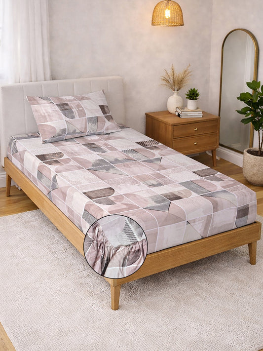 Multi Geometric Cotton Blend Fitted Single Bedsheet with Pillow Cover