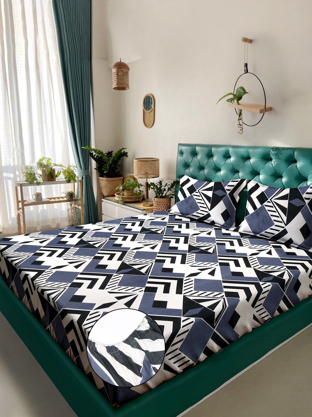Multi Geometric 300 TC Cotton Blend Fitted Double Bedsheet with 2 Pillow Covers