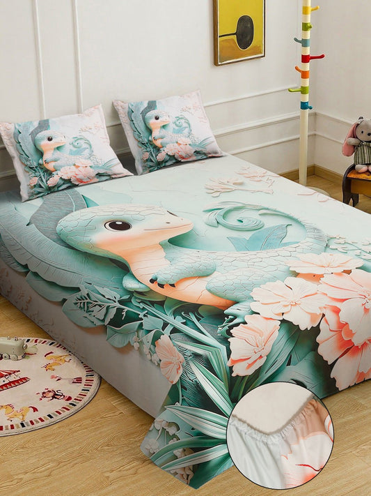 Green Digital Animal Printed Cotton Blend Fitted Double Bedsheet with 2 Pillow Covers