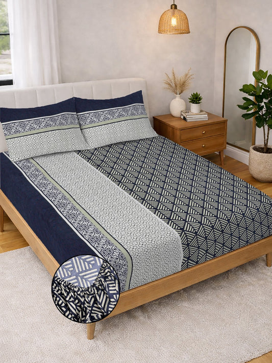 Multi Geometric Cotton Blend Fitted Double Bedsheet with 2 Pillow Covers