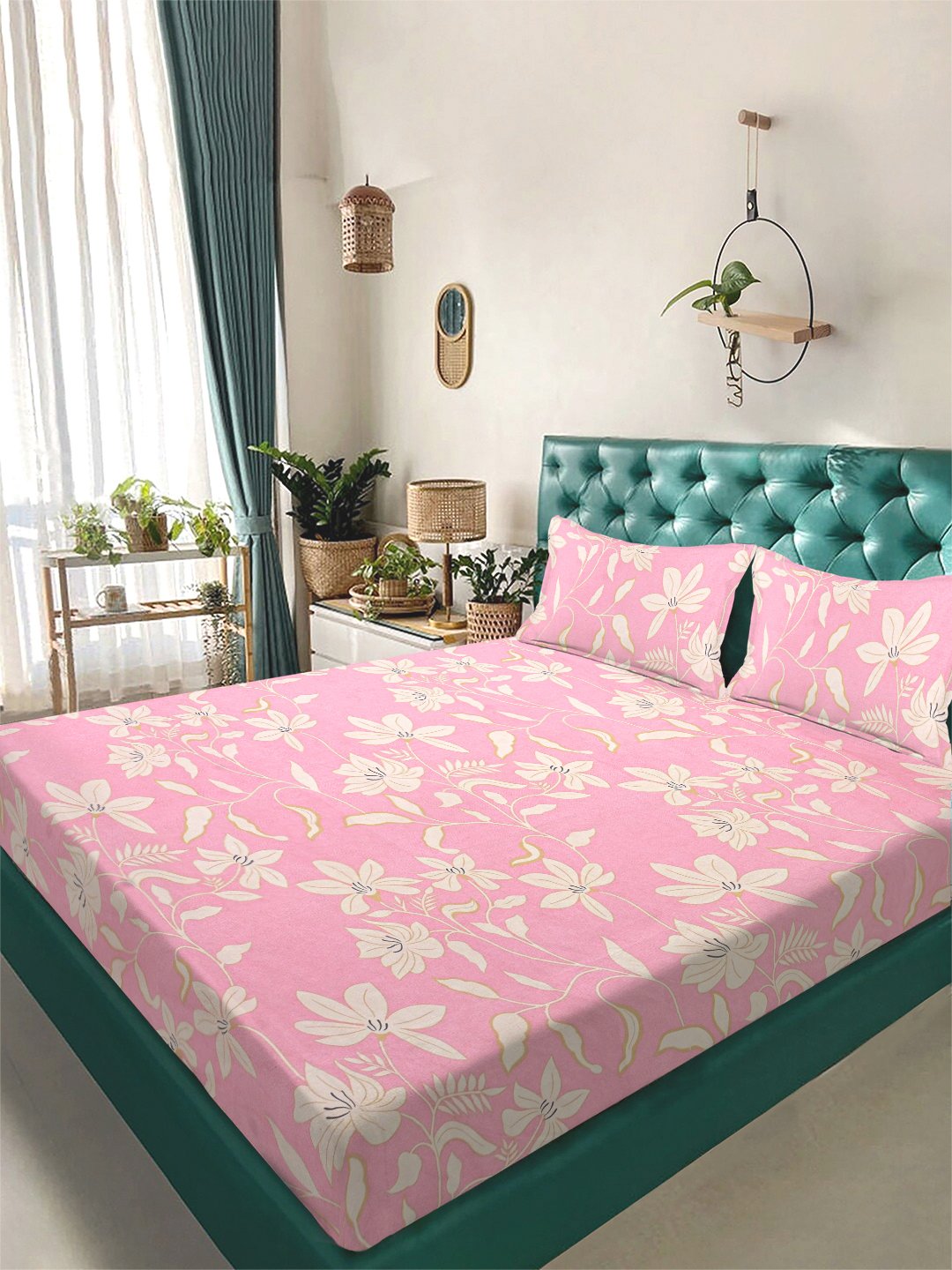 Pink Floral 300 TC Cotton Blend Double Bedsheet with 2 Pillow Covers