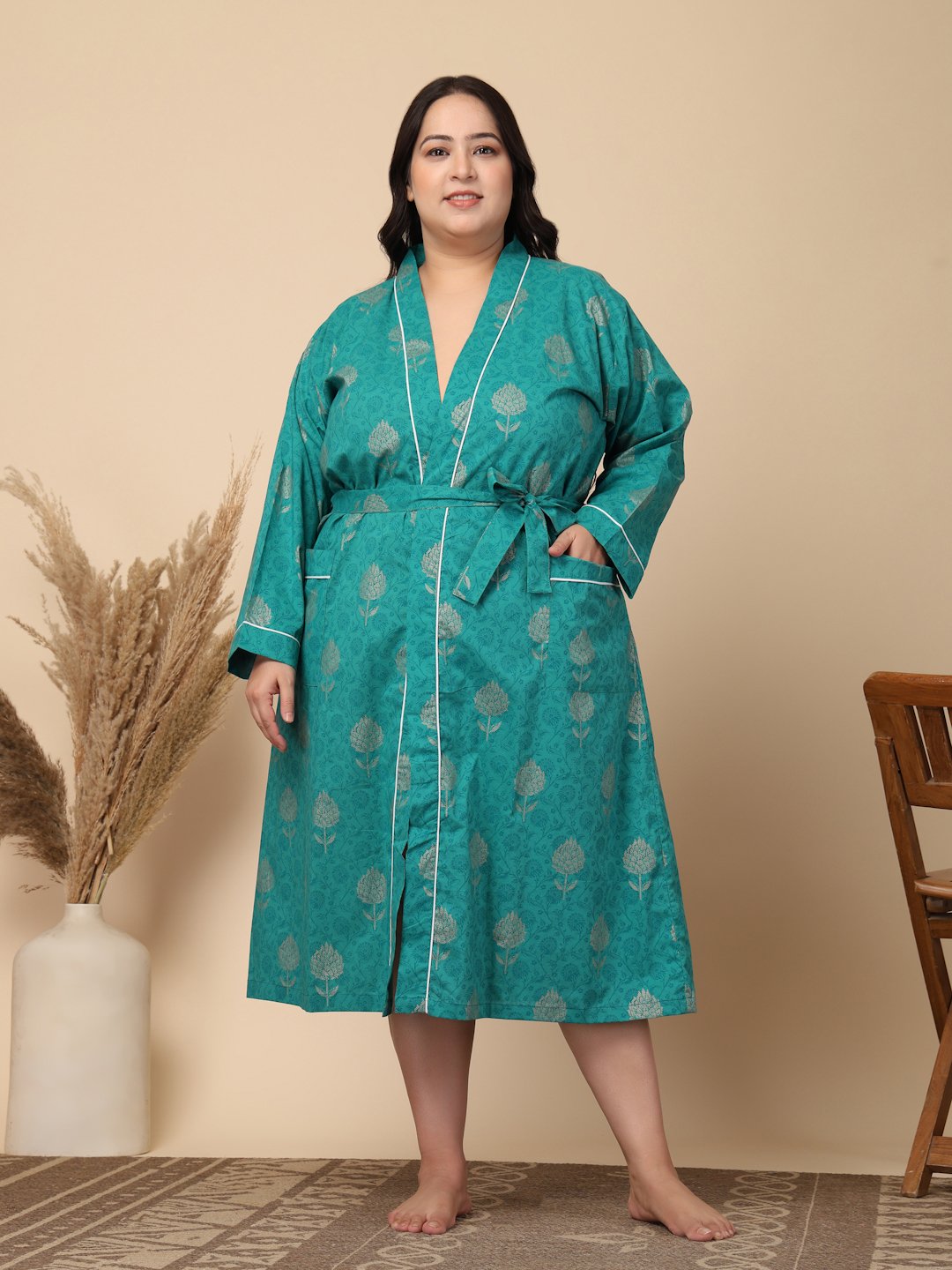 Women Printed Green Floral Plus Size Pure Cotton Bath Robe With Belt