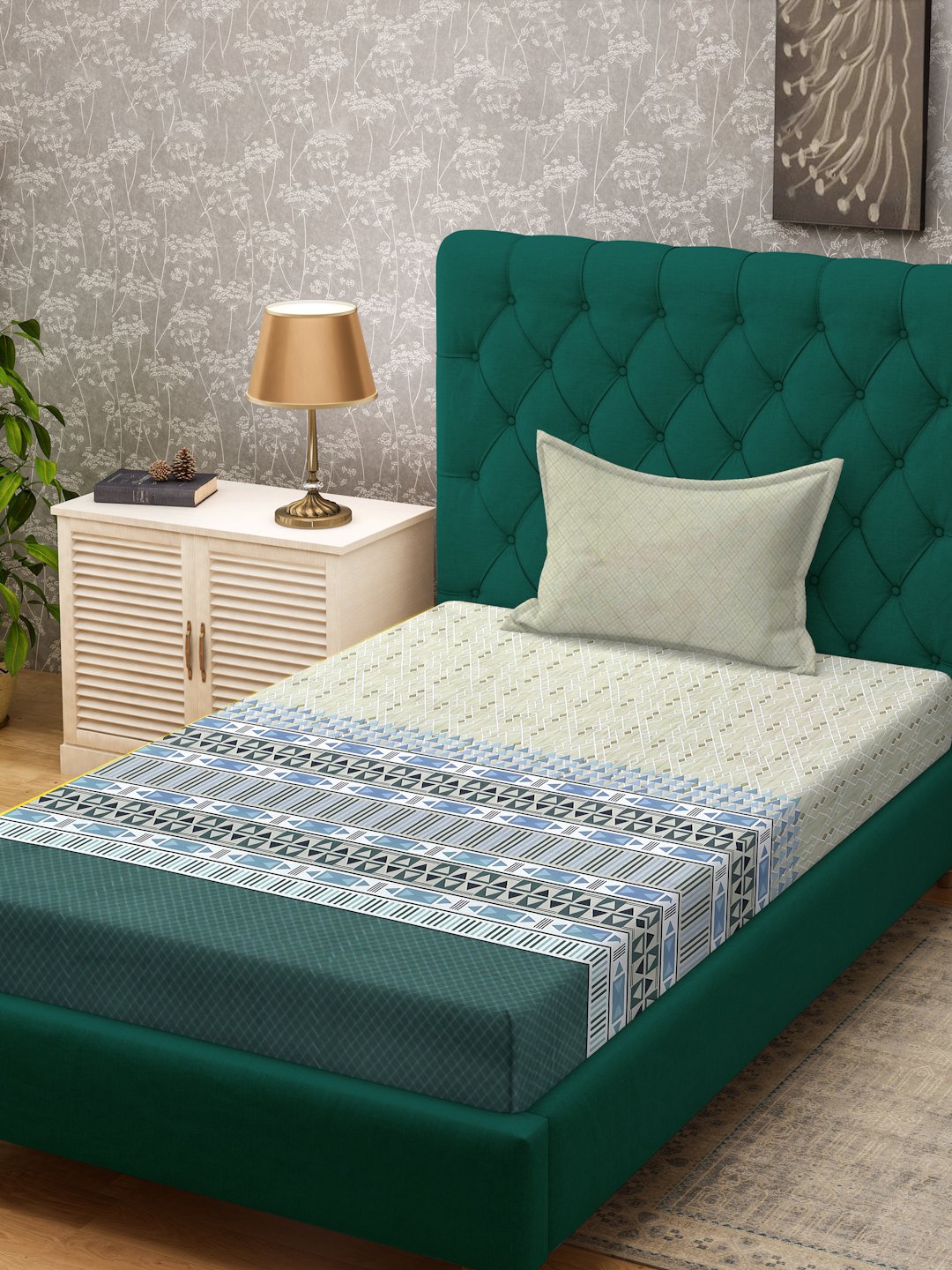 Olive Geometric 400 TC Pure Cotton Single Bedsheet with Pillow Cover