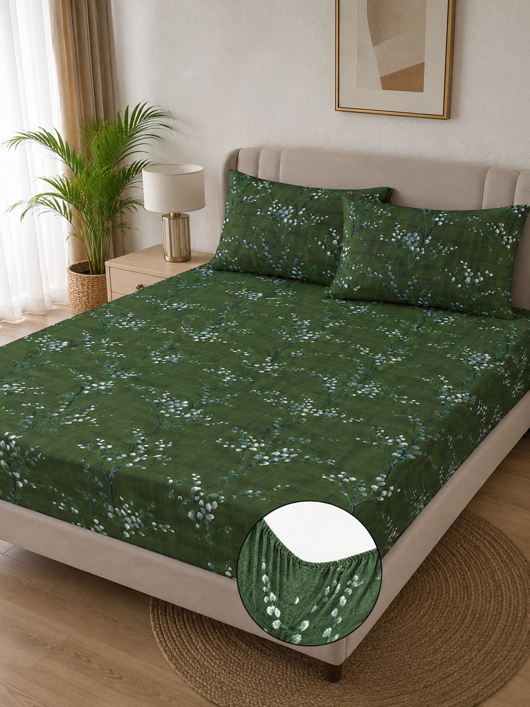 Green Floral Cotton Blend Fitted Double Bedsheet with 2 Pillow Covers