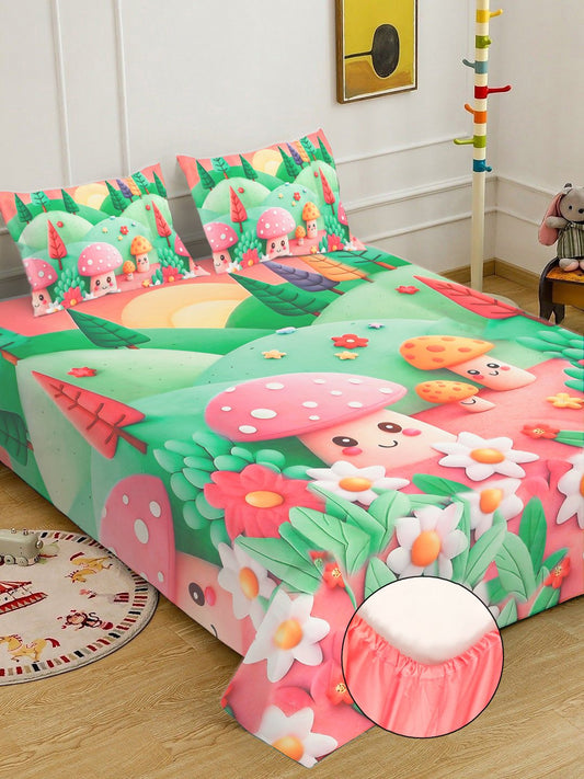Green 7D Cartoon Characters Printed Fitted Cotton Blend Double Bedsheet with 2 Pillow Covers