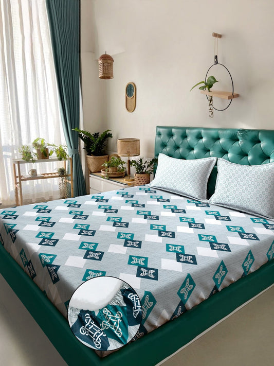 Turquoise Geometric 400 TC Pure Cotton Fitted Double Bedsheet with 2 Pillow Covers