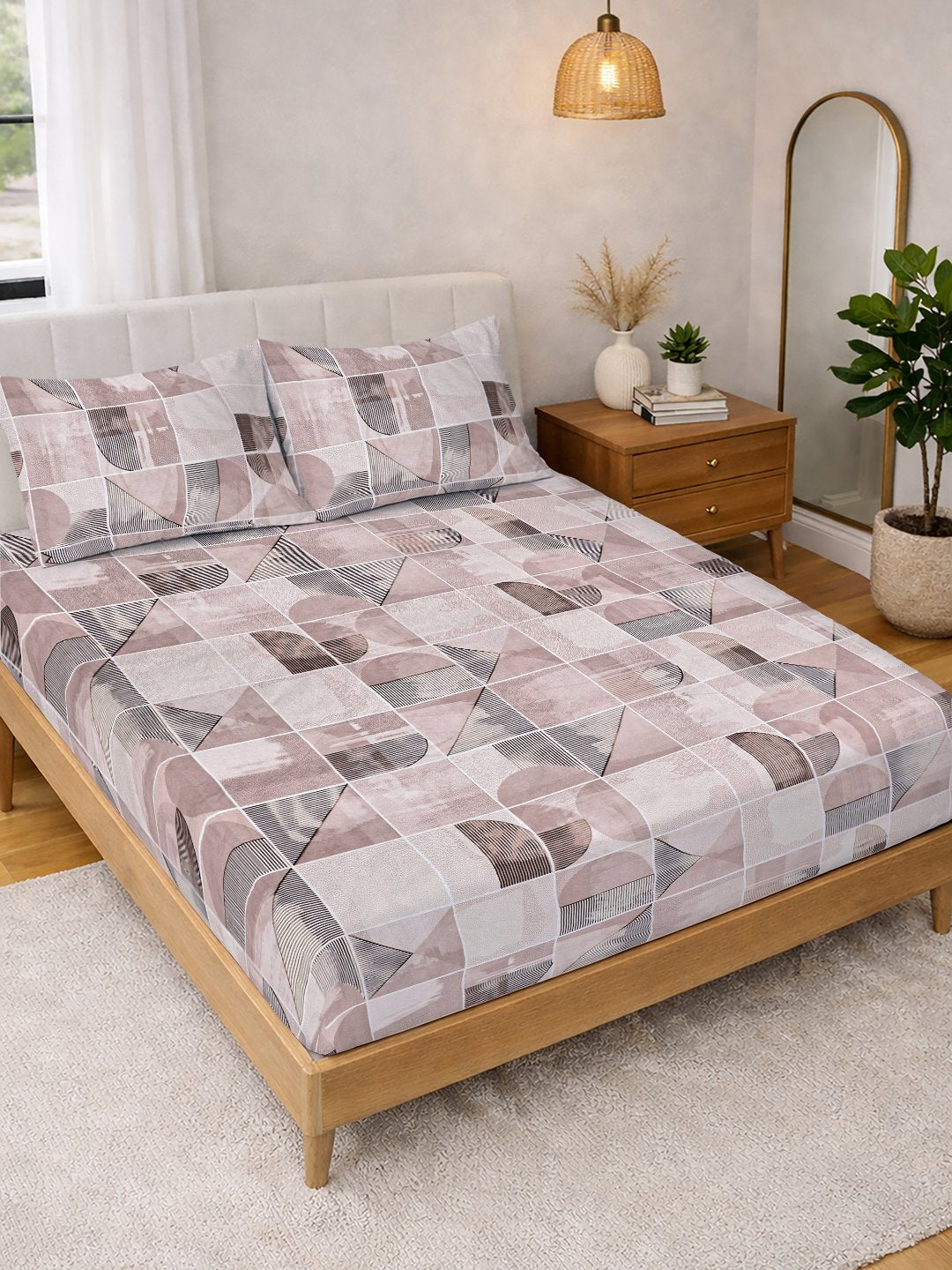 Multi Geometric Cotton Blend Double Bedsheet with 2 Pillow Covers