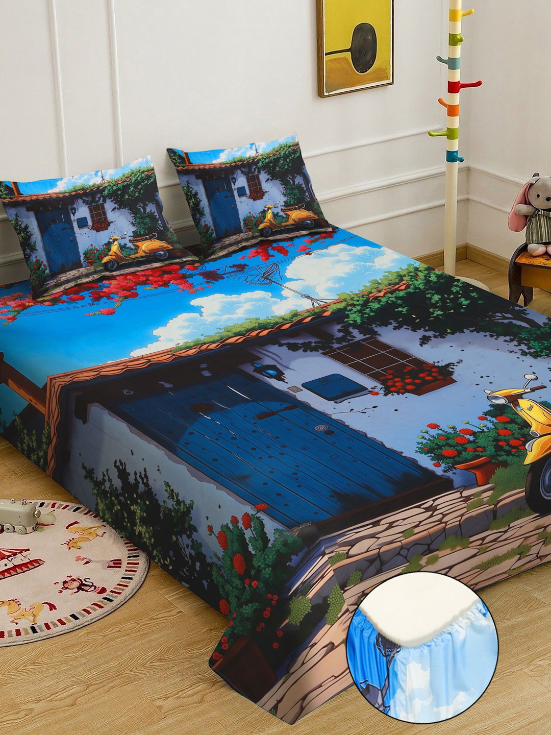 Blue Digital Abstract Printed Cotton Blend Fitted Double Bedsheet with 2 Pillow Covers
