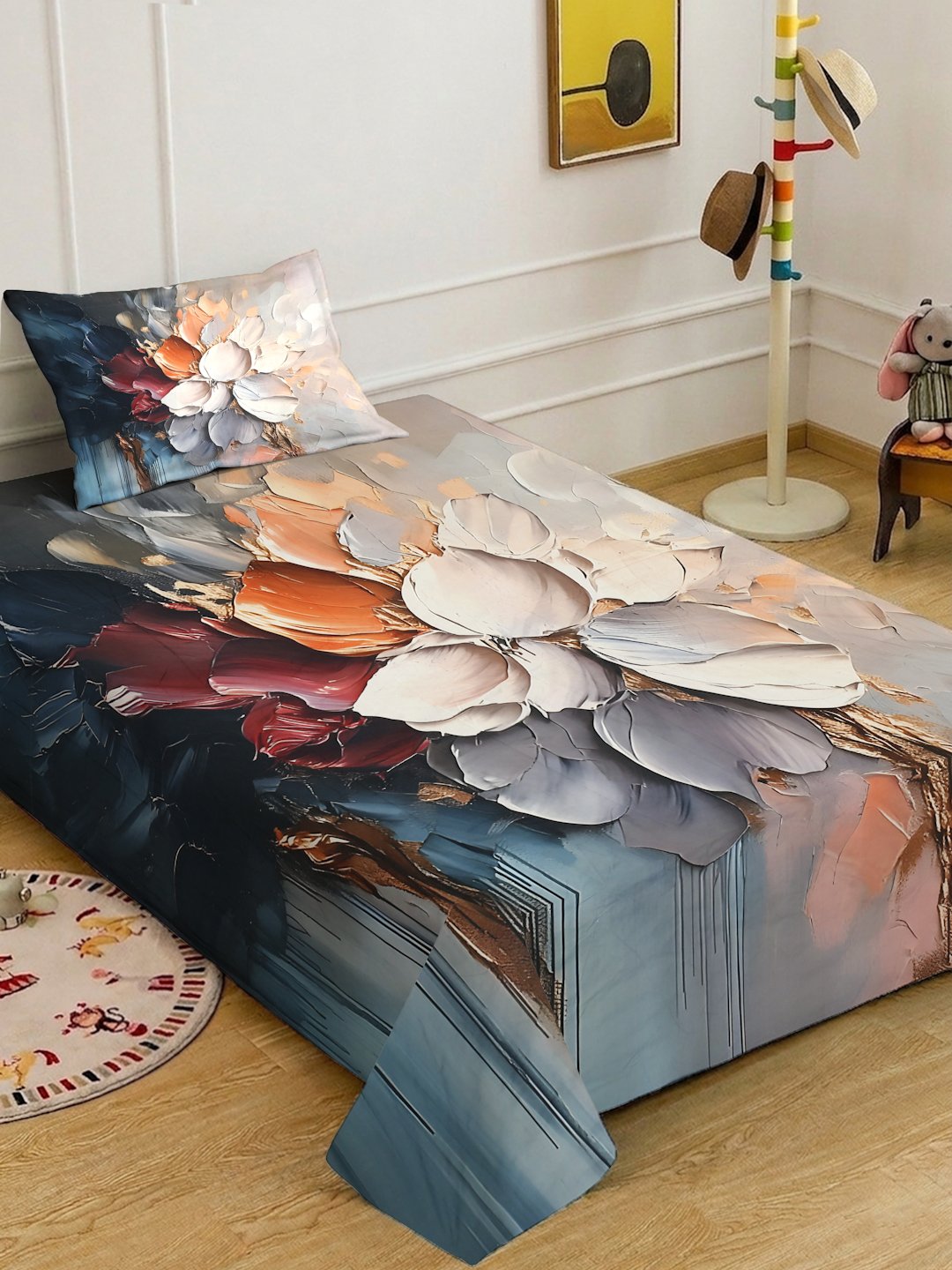 Multi Digital Floral Printed Cotton Blend Single Bedsheet with Pillow Cover