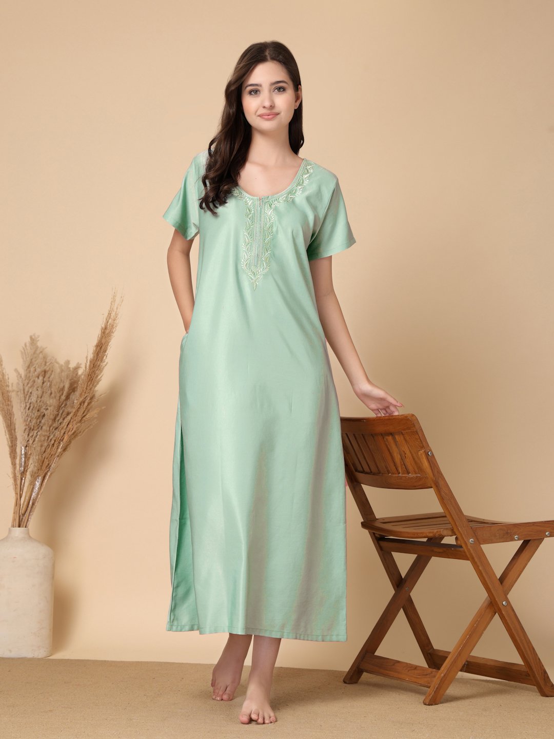 Green Solid Soft Feel Cotton Blend Maxi