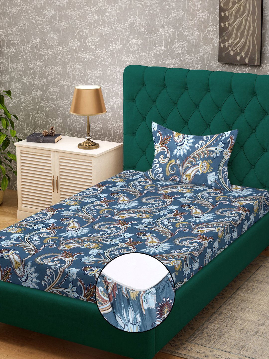 Blue Floral 300 TC Cotton Blend Fitted Single Bedsheet Set in Book Fold Packing