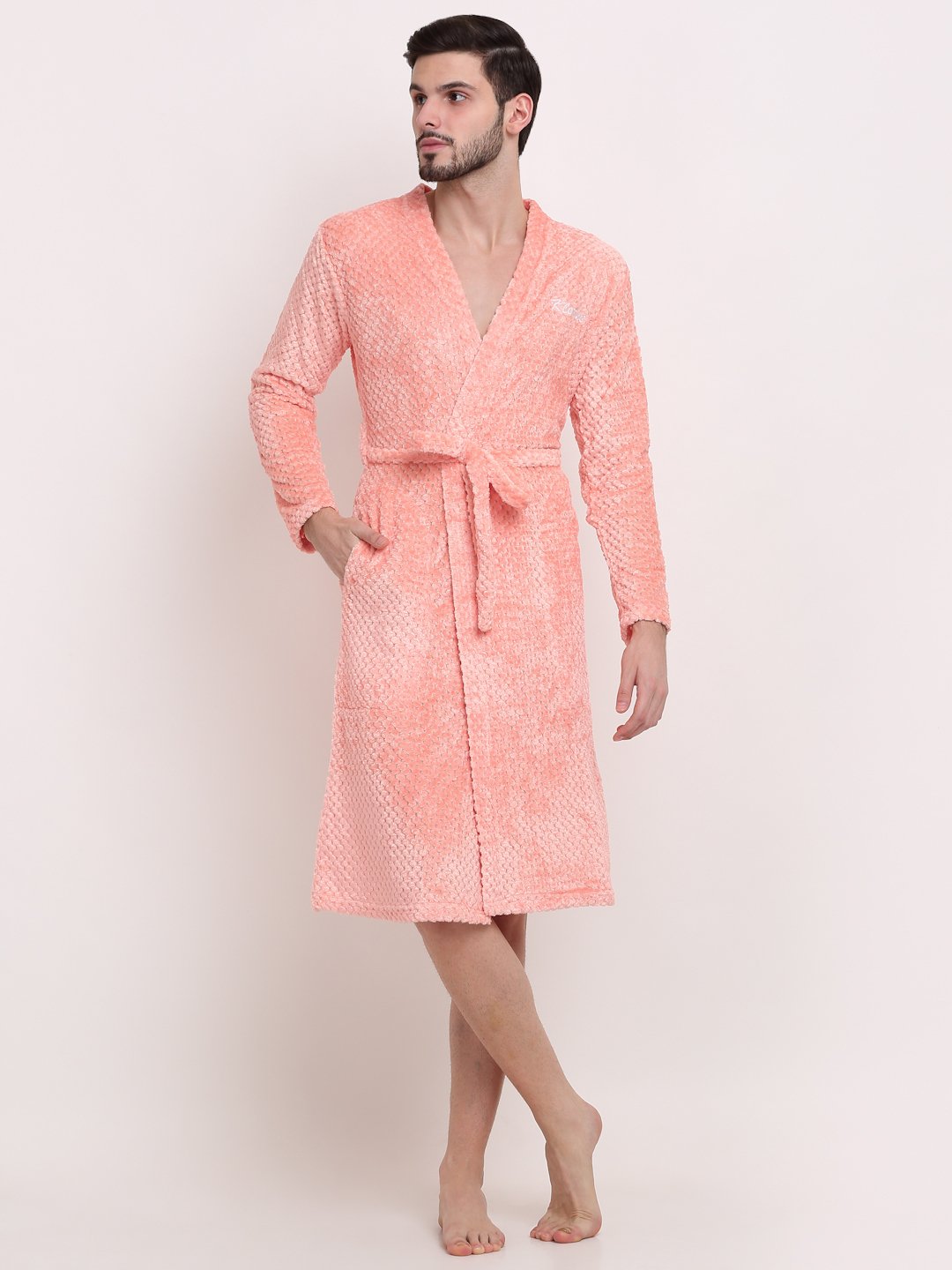 Men Orange Self Design Wool Bath Robe With Belt