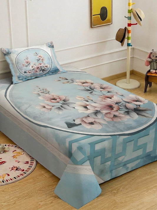 SkyBlue Digital Floral Printed Cotton Blend Single Bedsheet with Pillow Cover