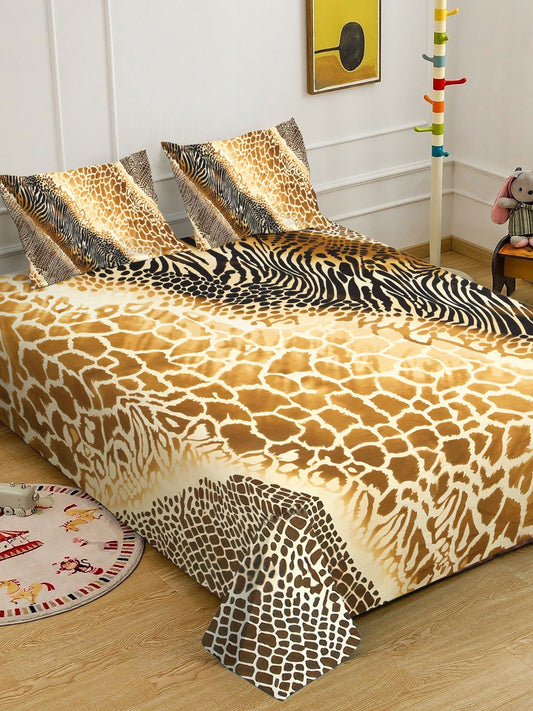 Brown 7D Geometric Printed Cotton Blend Double Bedsheet with 2 Pillow Covers