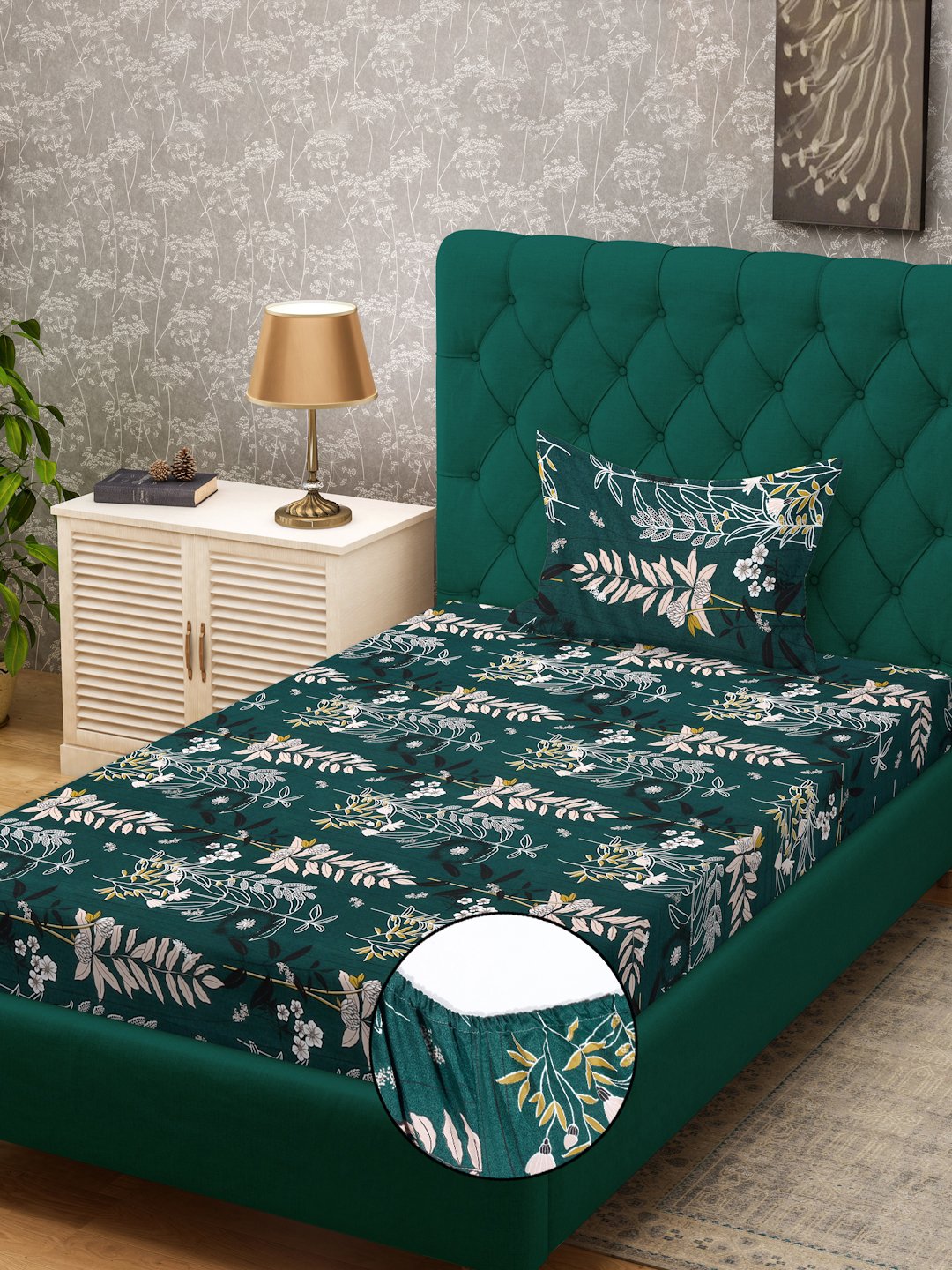 Green Floral 300 TC Cotton Blend Fitted Single Bedsheet Set in Book Fold Packing