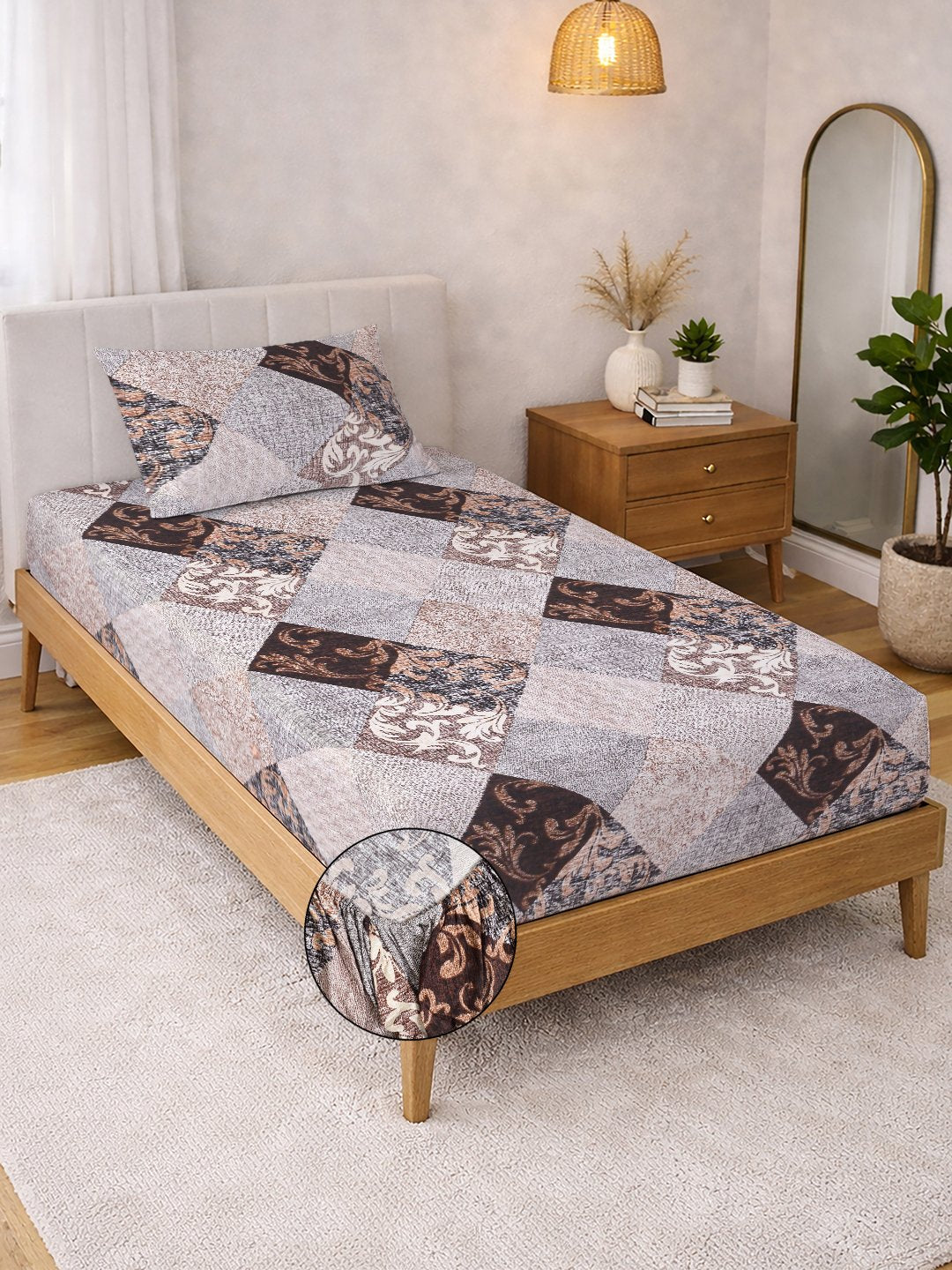 Brown Geometric Cotton Blend Fitted Single Bedsheet with Pillow Cover
