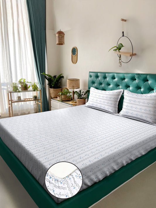 White Floral 400 TC Pure Cotton Super King Double Bedsheet with 2 Pillow Covers
