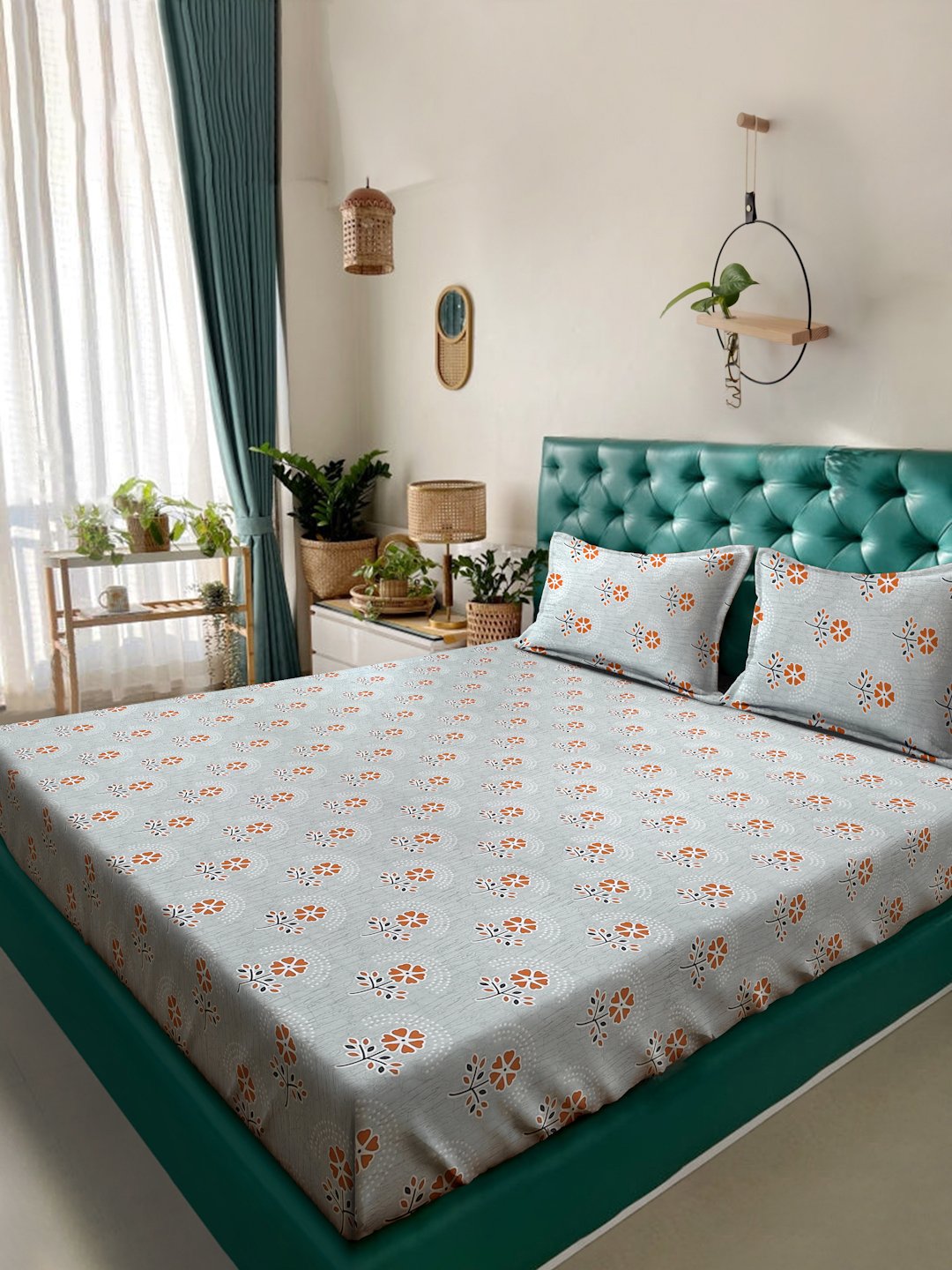 Grey Floral 400 TC Pure Cotton Double Bedsheet with 2 Pillow Covers