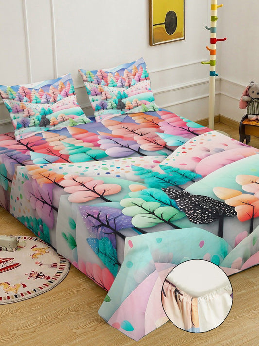 Multi 7D Floral Printed Fitted Cotton Blend Double Bedsheet with 2 Pillow Covers