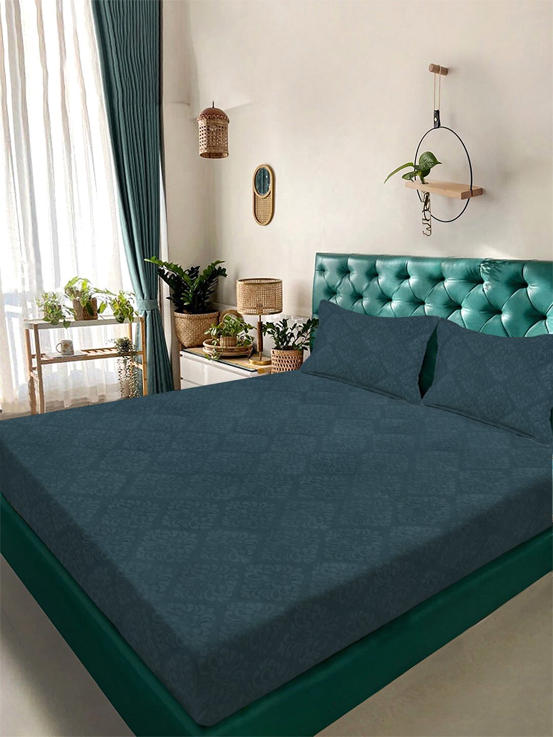 Blue Floral Embossed Cotton Blend Double Bedsheet with 2 Pillow Covers