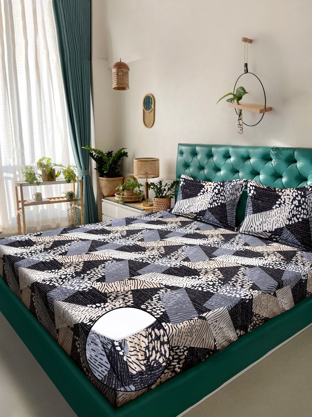 Multi Geometric 300 TC Cotton Blend Fitted Super King Double Bedsheet in Book Fold Packing