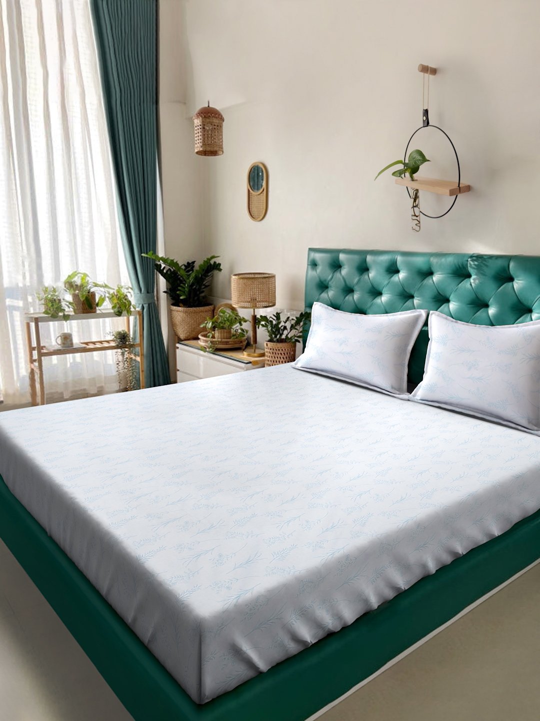 White Floral 400 TC Pure Cotton Super King Double Bedsheet with 2 Pillow Covers