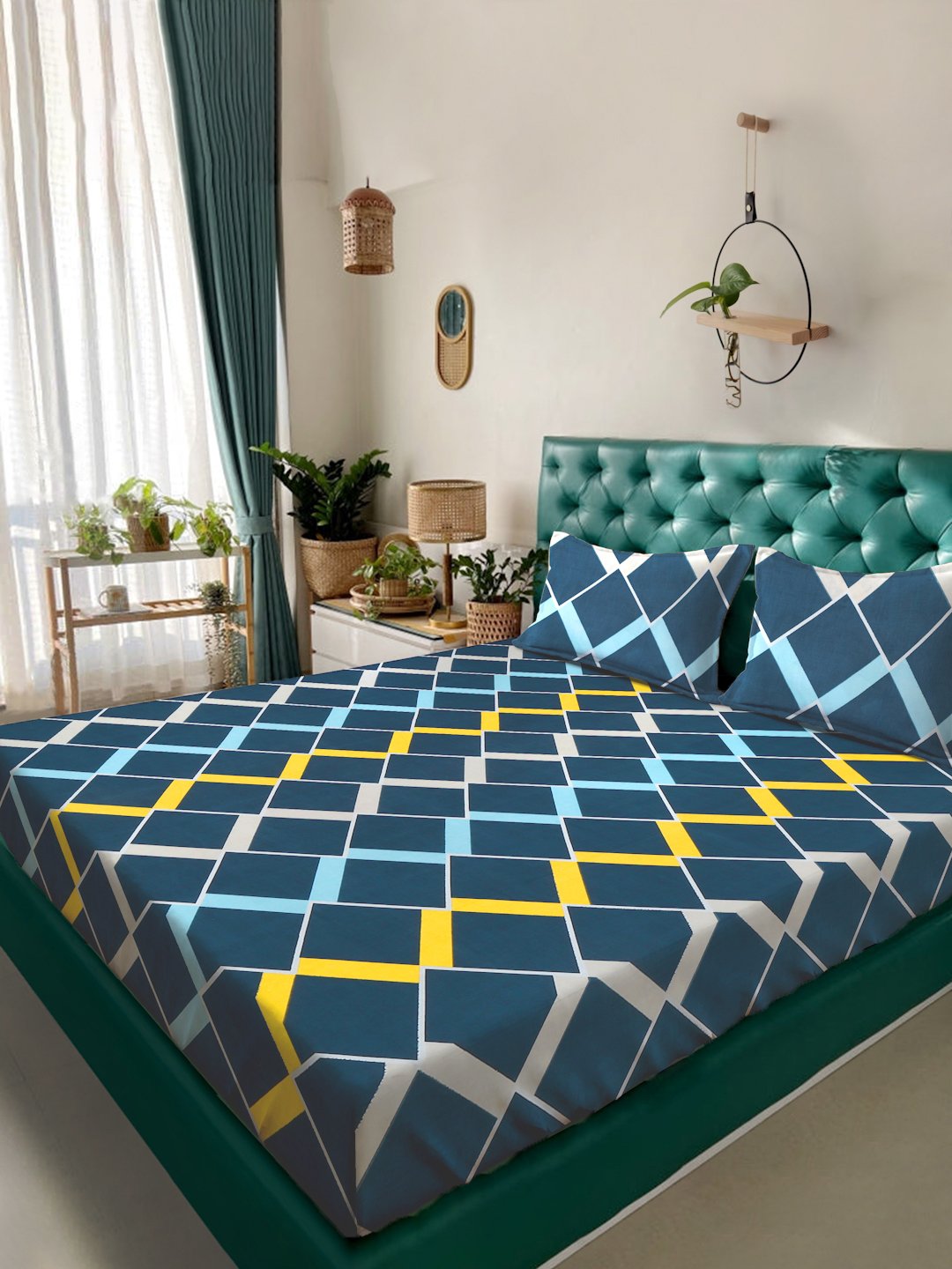 Blue Geometric 300 TC Cotton Blend Double Bedsheet in Book Fold Packing