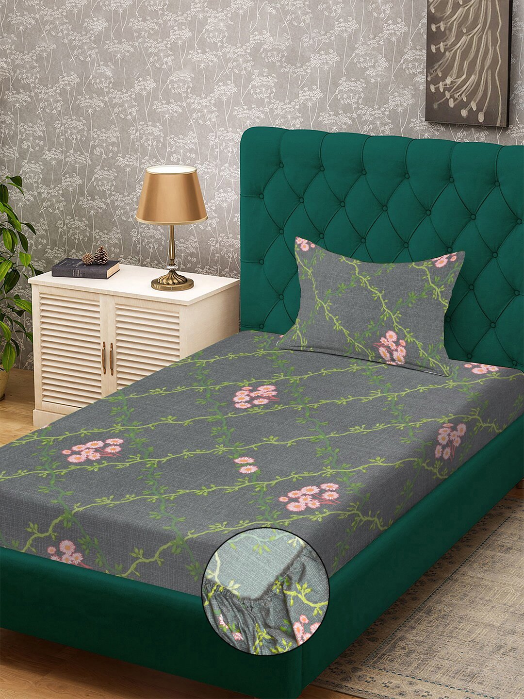 Grey Floral 300 TC Cotton Blend Fitted Single Bedsheet with Pillow Cover