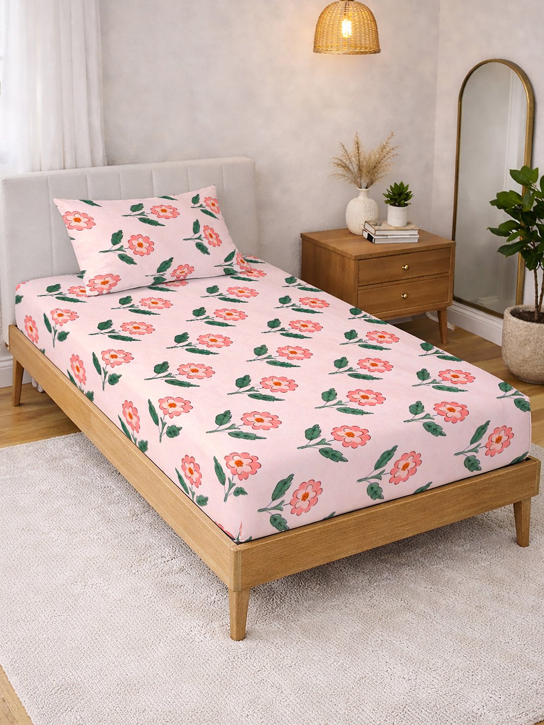Pink Floral Cotton Blend Single Bedsheet with Pillow Cover