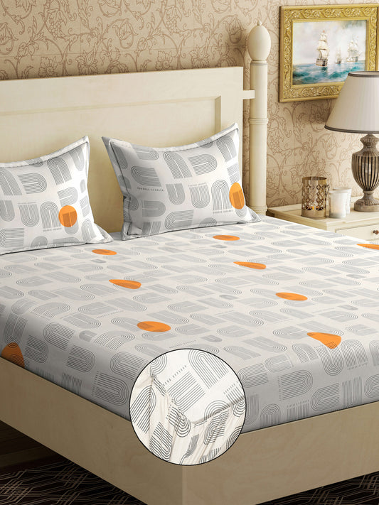 Klotthe Cream Geometric 300 TC Cotton Blend Fitted Super King Double Bedsheet with 2 Pillow covers