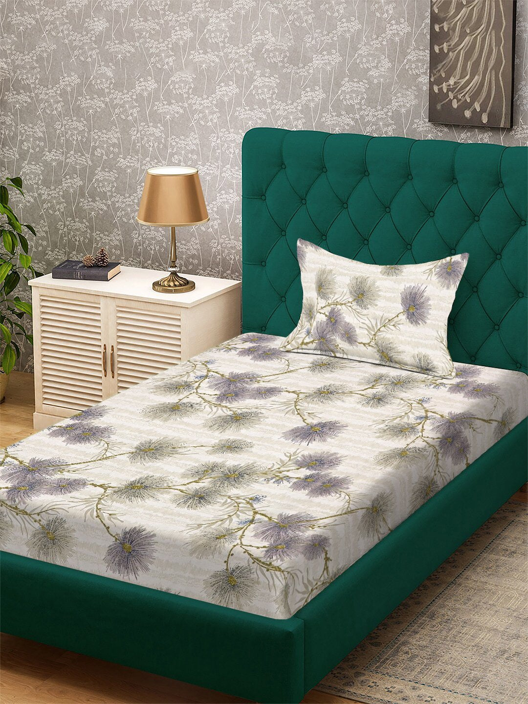 Beige Floral 300 TC Cotton Blend Single Bedsheet with Pillow Cover