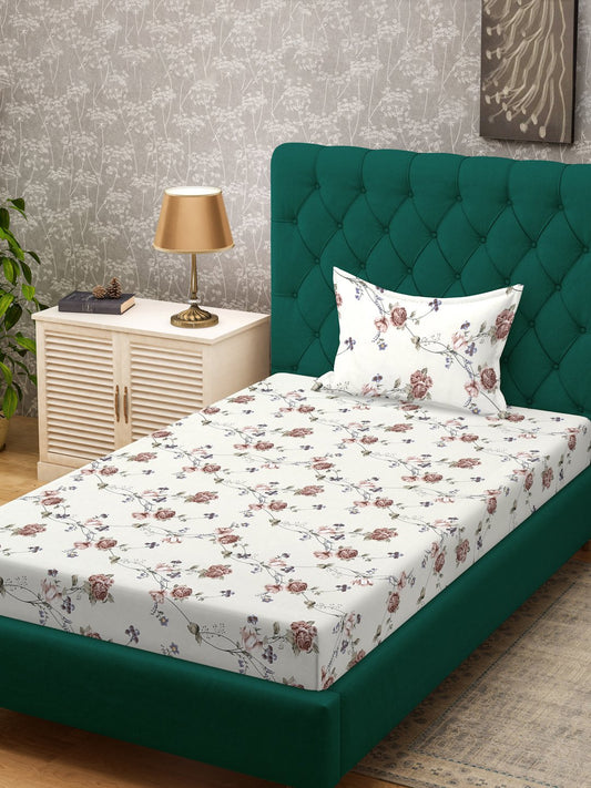 Beige Floral 300 TC Cotton Blend Single Bedsheet with Pillow Cover
