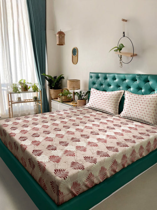 Beige Floral 400 TC Pure Cotton Double Bedsheet with 2 Pillow Covers