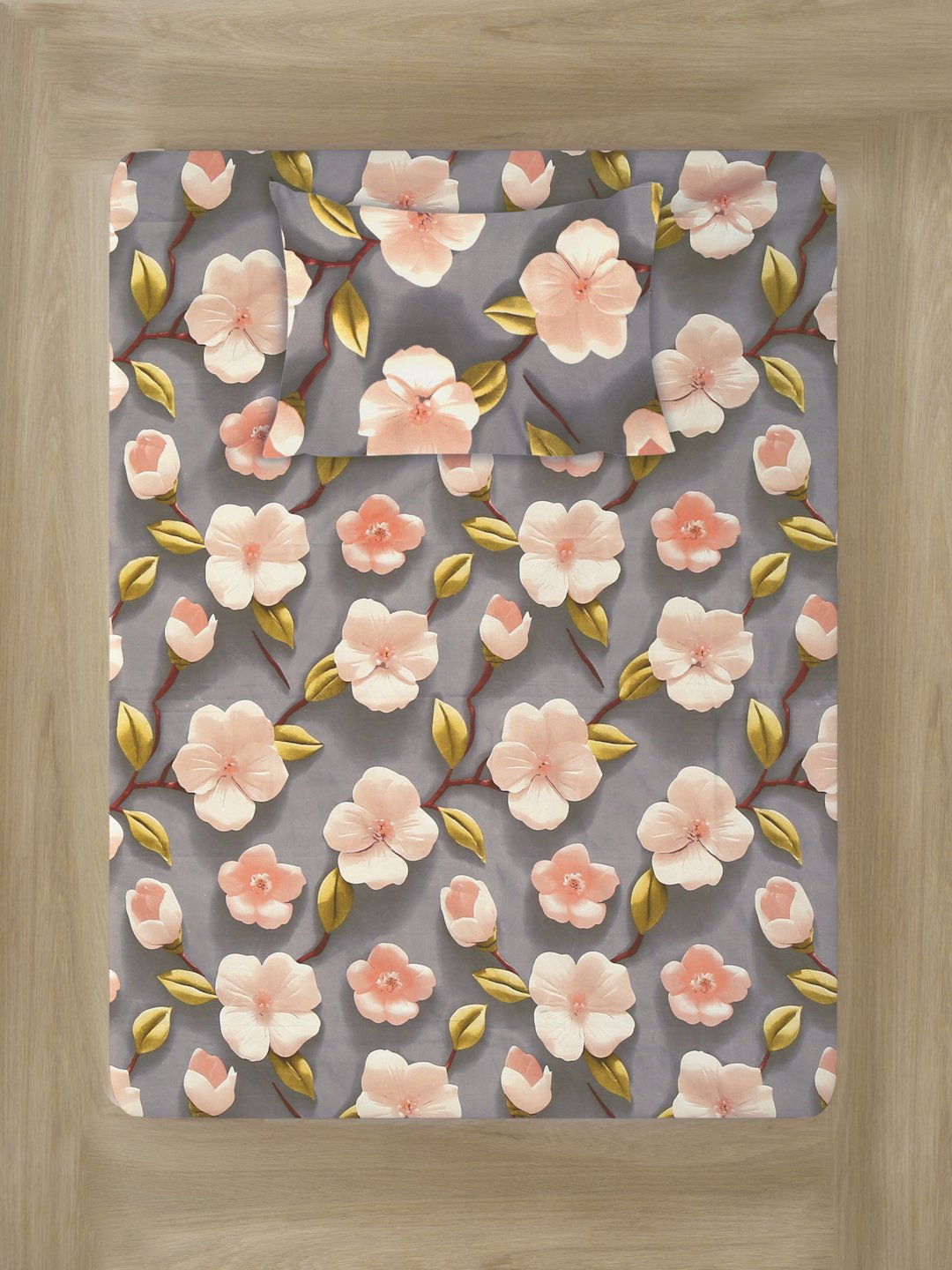 Grey Floral 7D Cotton Blend Single Bedsheet with Pillow Cover