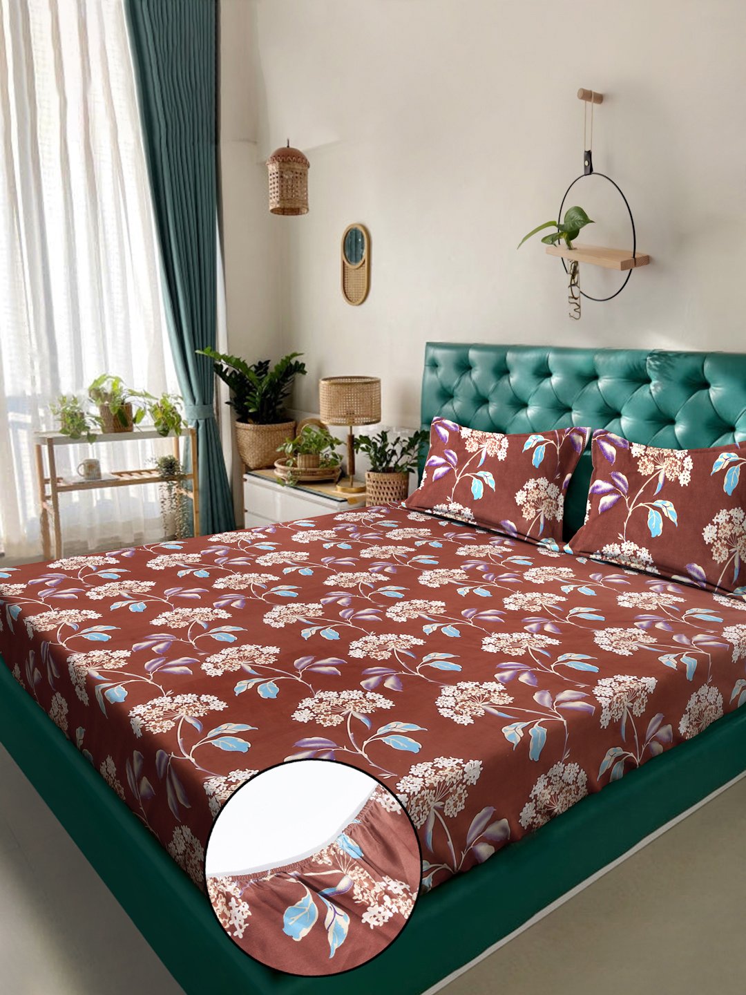 Rust Floral 300 TC Cotton Blend Fitted Double Bedsheet with 2 Pillow Covers