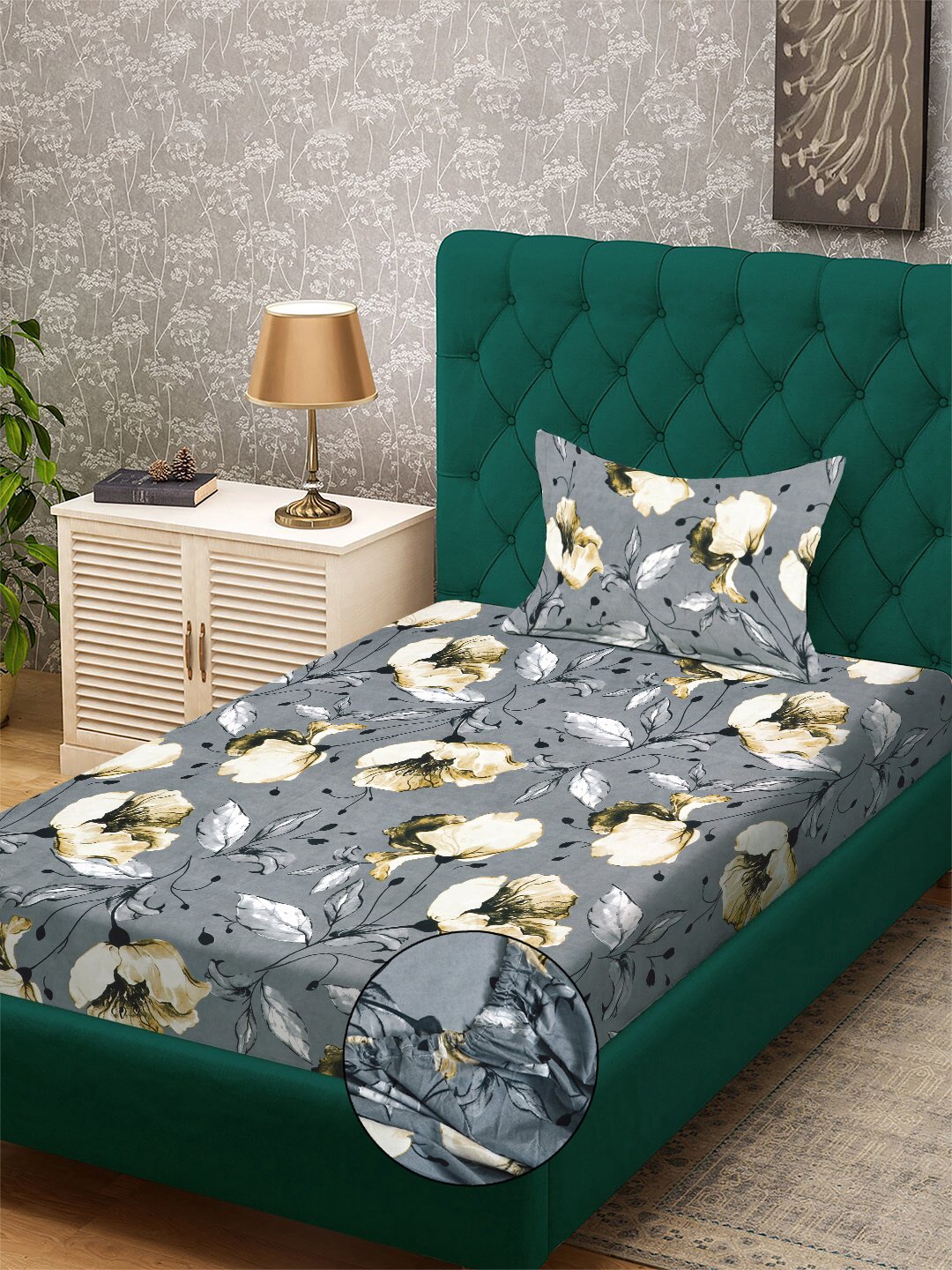 Grey Floral 300 TC Cotton Blend Fitted Single Bedsheet with Pillow Cover