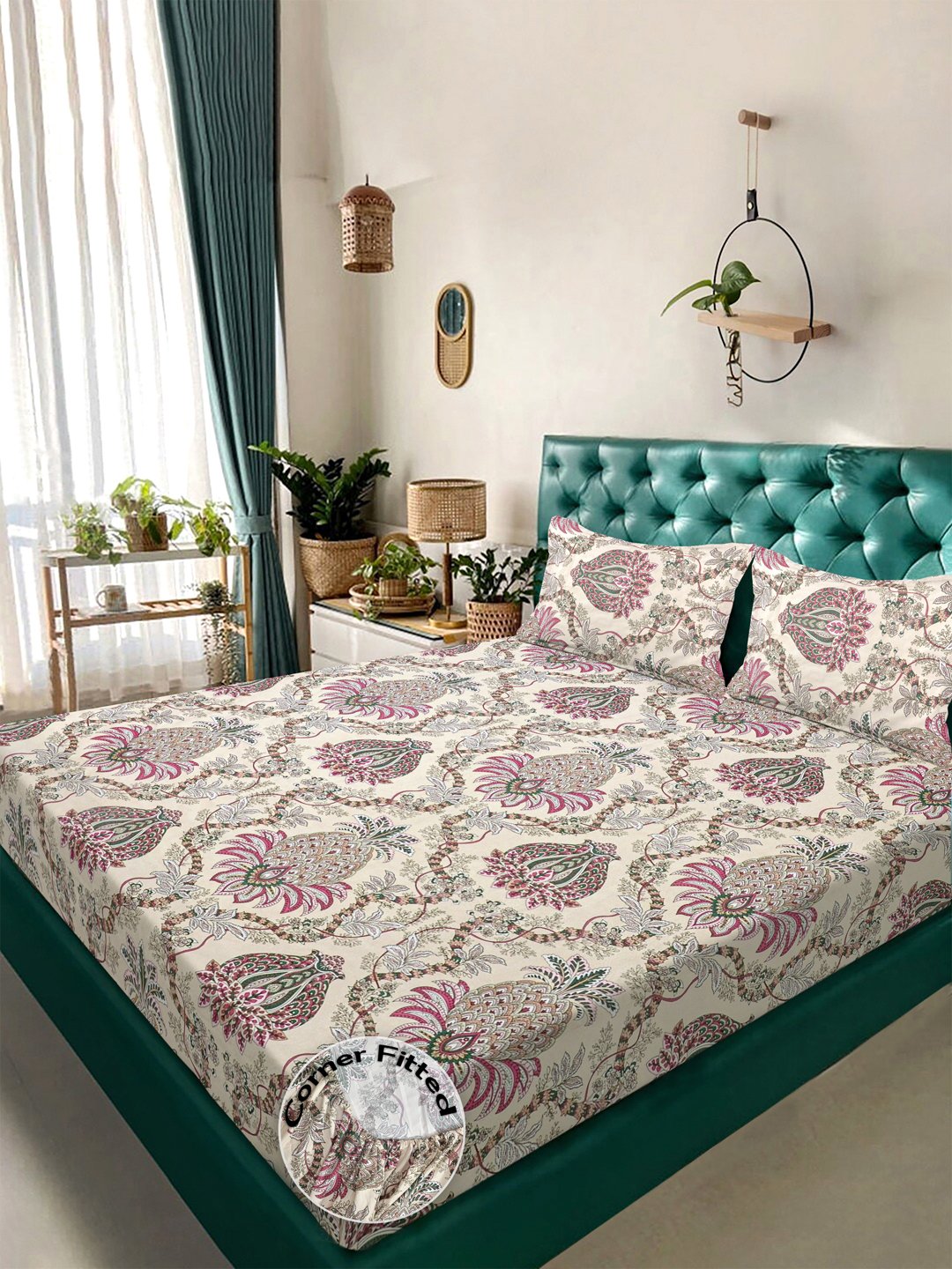 Multi Floral  300 TC Cotton Blend Fitted Double Bedsheet with 2 Pillow Covers