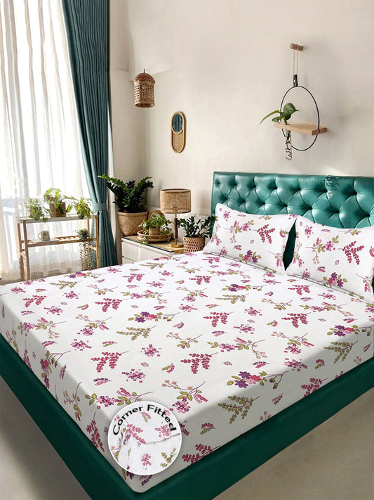 White Floral 300 TC Cotton Blend Fitted Double Bedsheet with 2 Pillow Covers