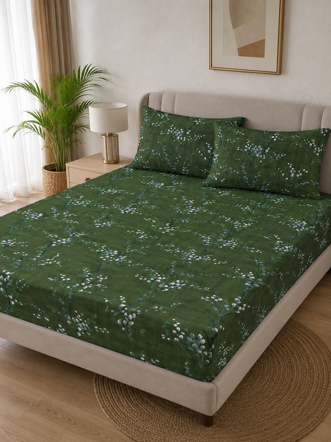 Green Floral Cotton Blend Double Bedsheet with 2 Pillow Covers