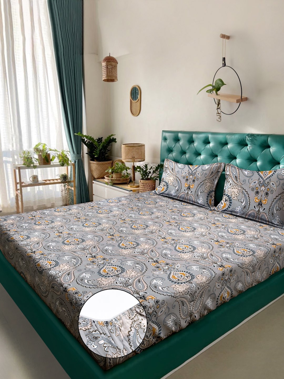 Grey Ethnic Motifs 300 TC Cotton Blend Fitted Super King Double Bedsheet in Book Fold Packing