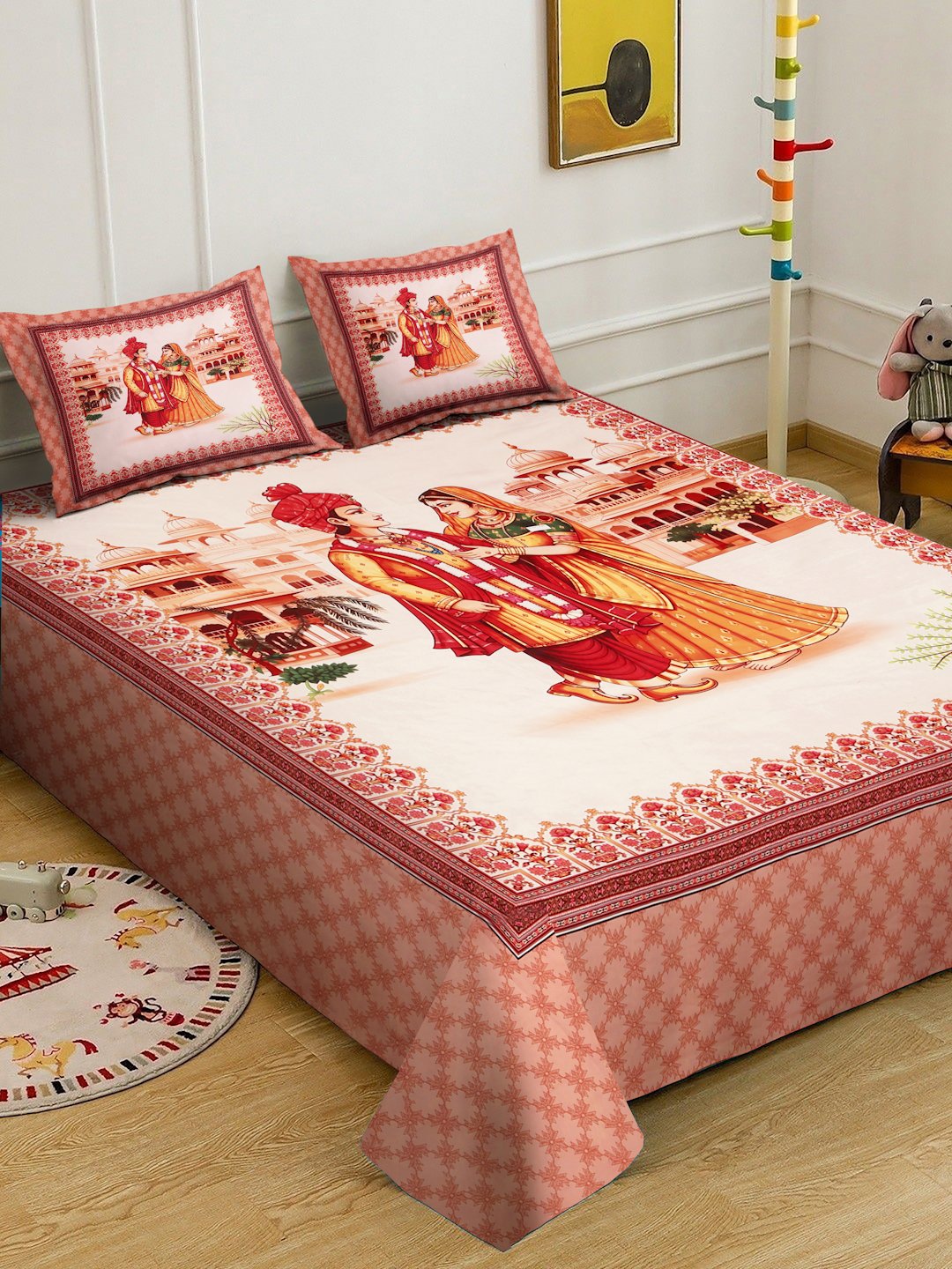 Rust Digital Ethnic Motifs Printed Cotton Blend Double Bedsheet with 2 Pillow Covers