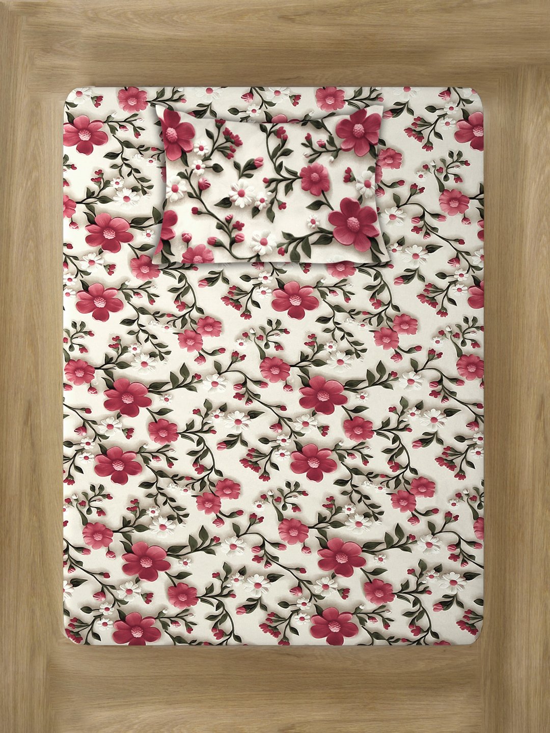 Cream Floral 7D Cotton Blend Fitted Single Bedsheet with Pillow Cover