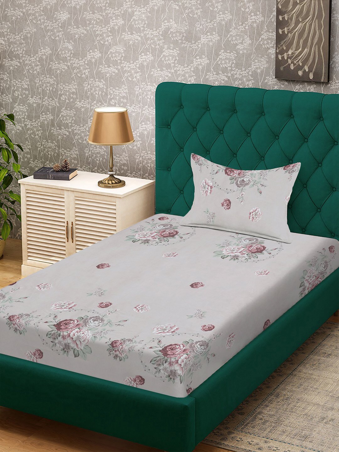 Multi Floral 300 TC Cotton Blend Single Bedsheet with Pillow Cover